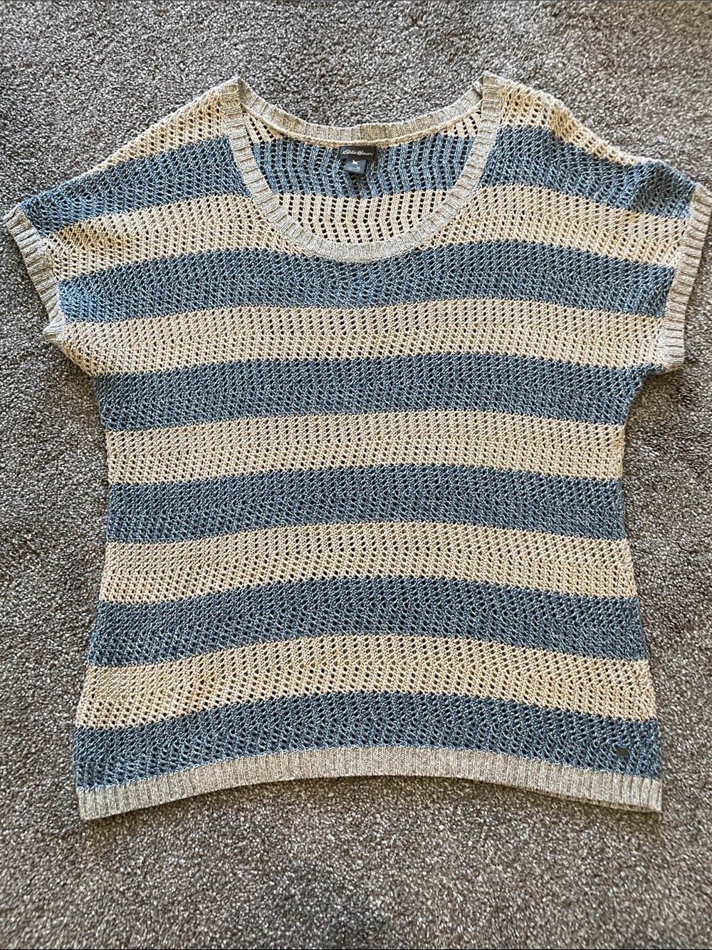 Eddie Bauer Striped Open-Knit Scoop Neck Sweater in Cream and Blue